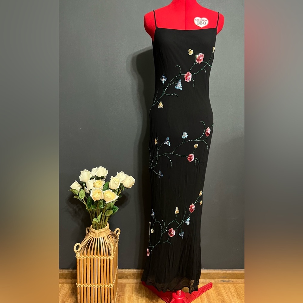 Betsy & Adam by Jaslene Silk Beaded Floral Gown — Size 12, 100% Silk